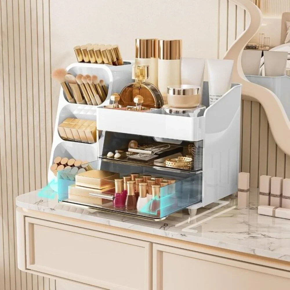 New Makeup Organizer with Drawers & Brush Holder for Vanity & Skincare Storage